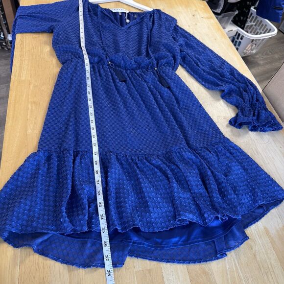Trina Turk Viti Blue Mini Dress Peasant Boho Tiered Tassel Ruffle Medium New - Picture 15 of 15